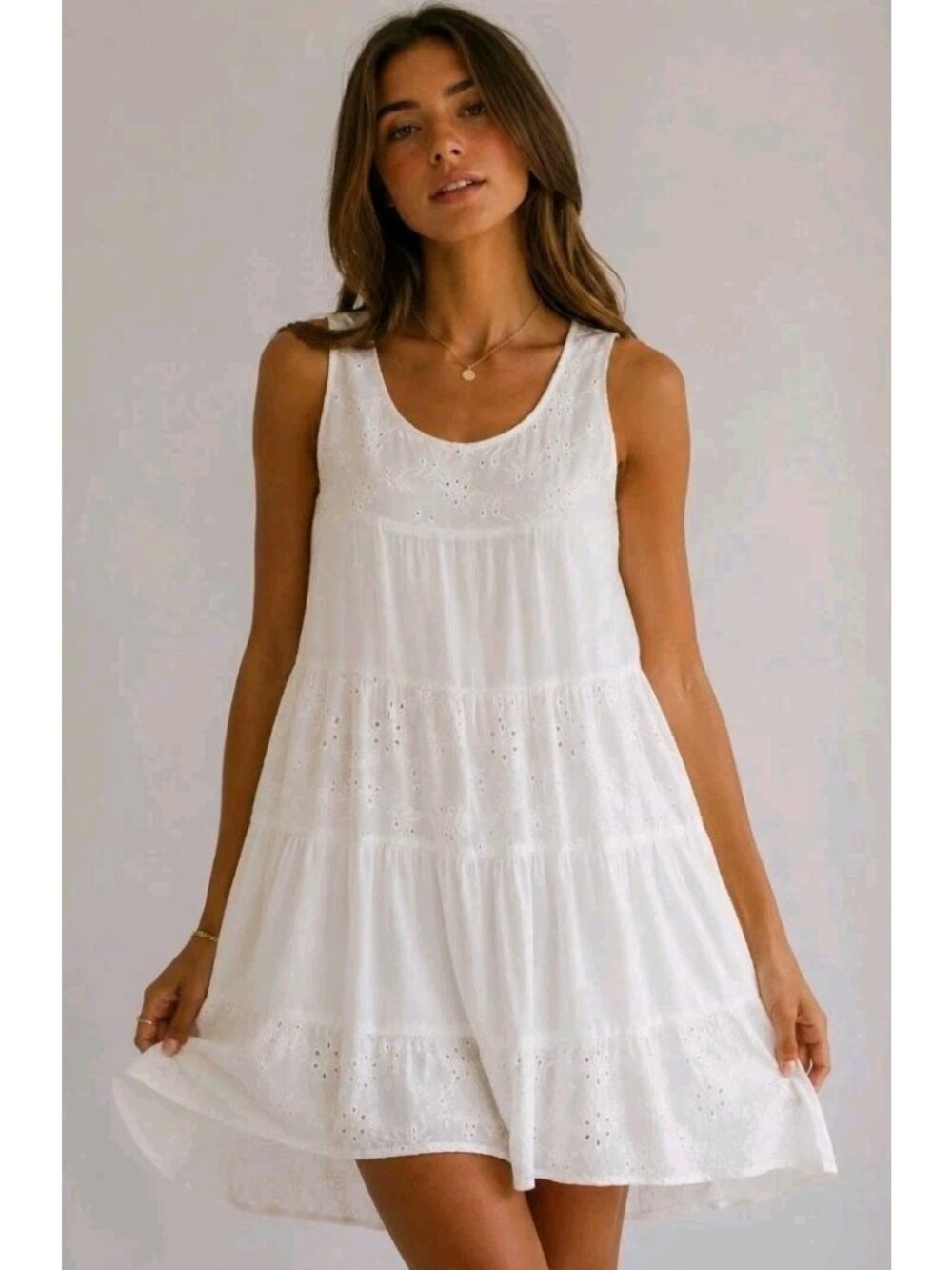 LoveStitch Eyelet Mini Dress Boho Tiered with Slip Casual Beach Coquette M White